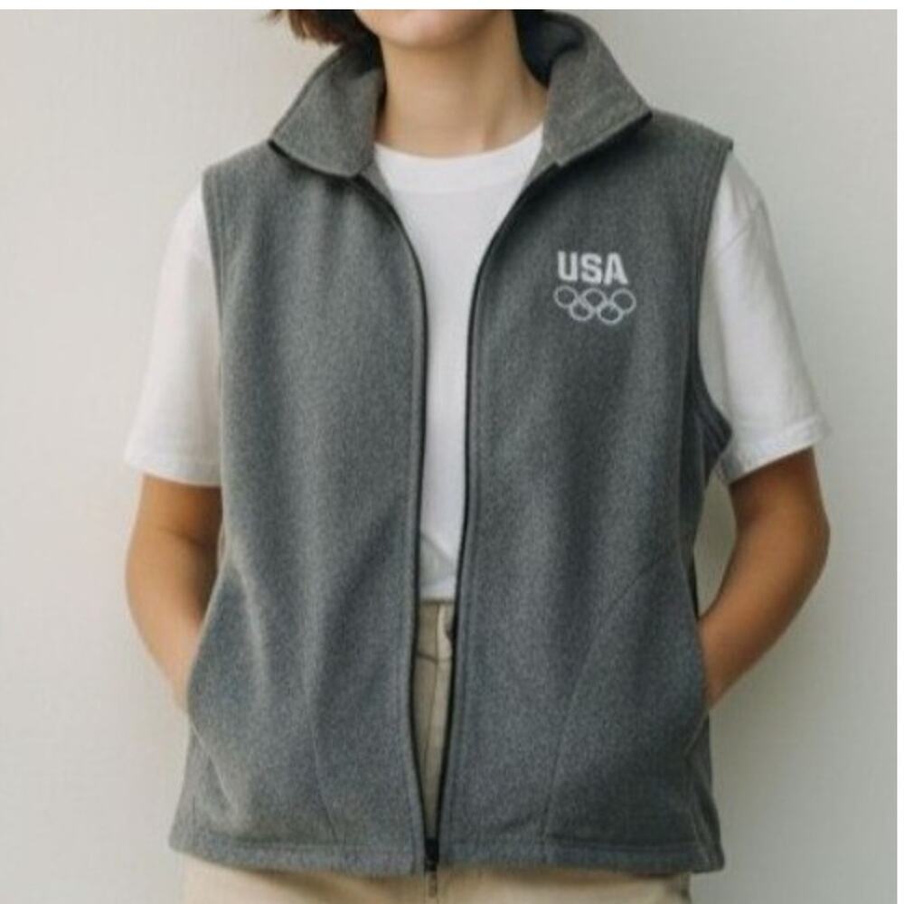 USA Olympics‎ Vtg Gray Fleece Vest Zip Sleeveless Jacket Sportswear Sz M/L